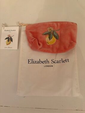 Elizabeth Scarlett Coral Velvet Cosmetic Pouch with Lemon Embroidery